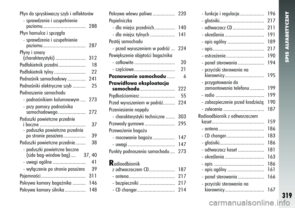 Alfa Romeo 147 2005  Instrukcja obsługi (in Polish) SPIS ALFABETYCZNY
319
P∏yn do spryskiwaczy szyb i reflektorów- sprawdzenie i uzupe∏nienie poziomu................................. 288
P∏yn hamulca i sprz´g∏a - sprawdzenie i uzupe∏nienie 