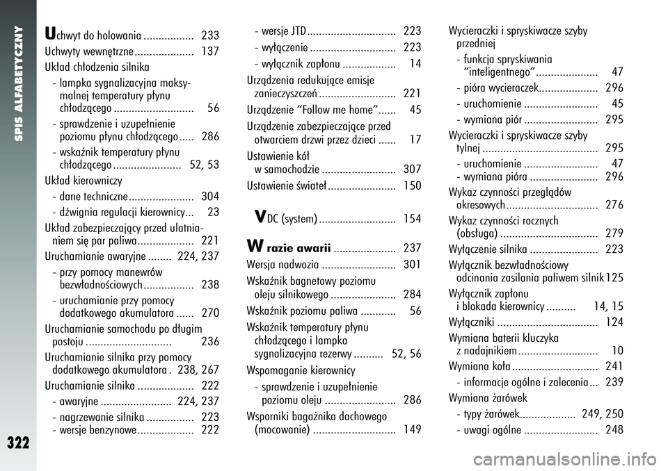 Alfa Romeo 147 2005  Instrukcja obsługi (in Polish) SPIS ALFABETYCZNY
322
U
chwyt do holowania ................. 233
Uchwyty wewn´trzne .................... 137
Uk∏ad ch∏odzenia silnika - lampka sygnalizacyjna maksy-malnej temperatury p∏ynu 
ch�