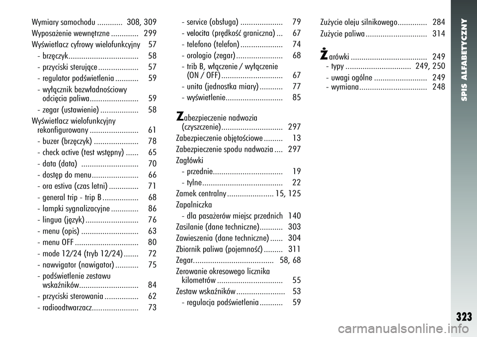 Alfa Romeo 147 2005  Instrukcja obsługi (in Polish) SPIS ALFABETYCZNY
323
Wymiary samochodu ............ 308, 309
Wyposa˝enie wewn´trzne ............. 299
WyÊwietlacz cyfrowy wielofunkcyjny 57- brz´czyk................................. 58
- przycis