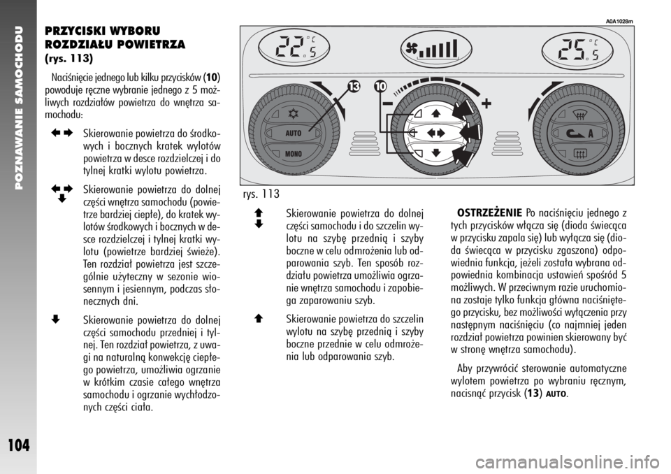 Alfa Romeo 147 2006  Instrukcja obsługi (in Polish) POZNAWANIE SAMOCHODU
104
PRZYCISKI WYBORU 
ROZDZIA¸U POWIETRZA(rys. 113)
NaciÊni´cie jednego lub kilku przycisków (
10)
powoduje r´czne wybranie jednego z 5 mo˝-
liwych rozdzia∏ów powietrza d