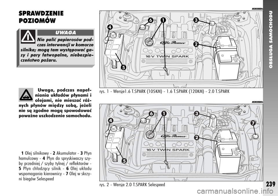 Alfa Romeo 147 2007 Instrukcja obsługi (in Polish) OBS¸UGA SAMOCHODU
239
A0A0000bA0A0000b
1Olej silnikowy -
2Akumulator -
3P∏yn
hamulcowy -
4P∏yn do spryskiwaczy szy-
by przedniej / szyby tylnej / reflektorów -
5P∏yn ch∏odzàcy silnik -
Alfa Romeo 147 2007 Instrukcja obsługi (in Polish) OBS¸UGA SAMOCHODU
239
A0A0000bA0A0000b
1Olej silnikowy -
2Akumulator -
3P∏yn
hamulcowy -
4P∏yn do spryskiwaczy szy-
by przedniej / szyby tylnej / reflektorów -
5P∏yn ch∏odzàcy silnik -