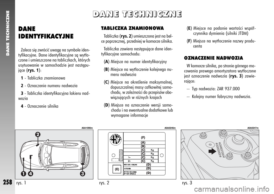 Alfa Romeo 147 2006  Instrukcja obsługi (in Polish) DANE TECHNICZNE
258
TABLICZKA ZNAMIONOWATabliczka (
rys. 2
) umieszczona jest na bel-
ce poprzecznej, przedniej w komorze silnika. 
Tabliczka zawiera nast´pujàce dane iden-
tyfikacyjne samochodu: 
(