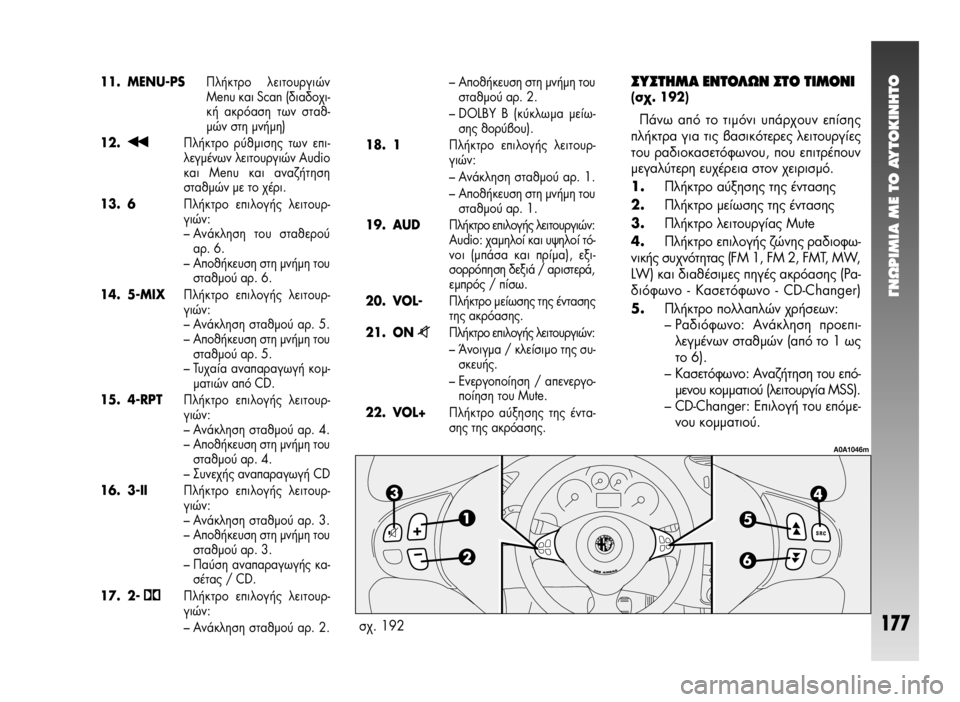 Alfa Romeo 147 2005  ΒΙΒΛΙΟ ΧΡΗΣΗΣ ΚΑΙ ΣΥΝΤΗΡΗΣΗΣ (in Greek) °¡øƒπªπ∞ ª∂ ΔO ∞ÀΔO∫π¡∏ΔO
177
11. MENU-PS¶Ï‹ÎÙÚÔ ÏÂÈÙÔ˘ÚÁÈÒÓ
Menu Î·È Scan (‰È·‰Ô¯È-
Î‹ ·ÎÚﬁ·ÛË ÙˆÓ ÛÙ·ı-
ÌÒÓ ÛÙË ÌÓ‹