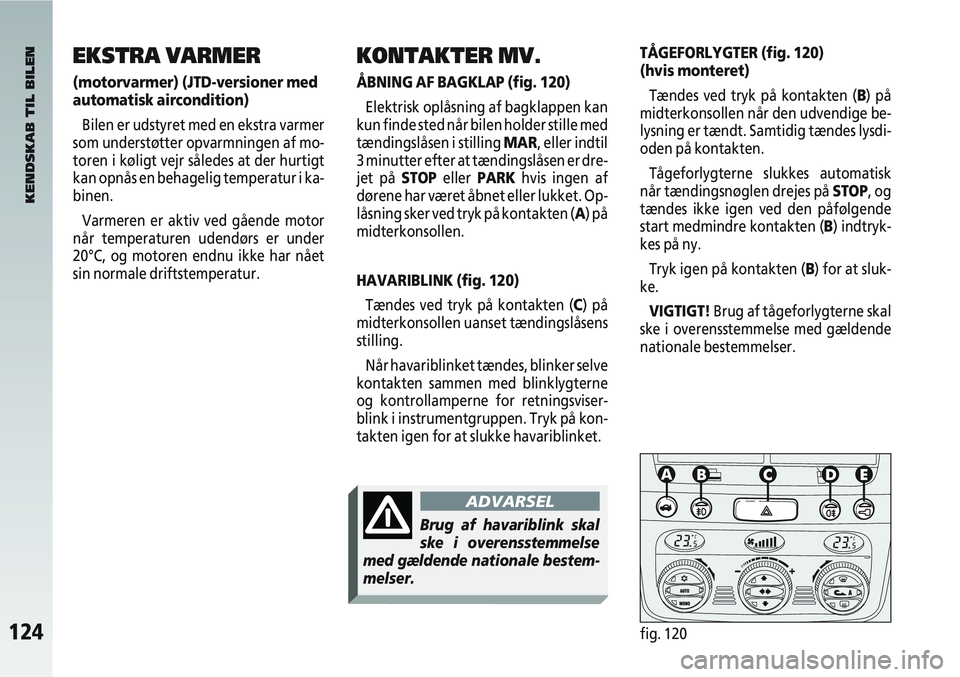 Alfa Romeo 147 2005  Brugs- og vedligeholdelsesvejledning (in Danish) 124fig. 120
EKSTRA VARMER 
(motorvarmer) (JTD-versioner med
automatisk aircondition)Bilen er udstyret med en ekstra varmer
som understøtter opvarmningen af mo-
toren i køligt vejr således at der hu