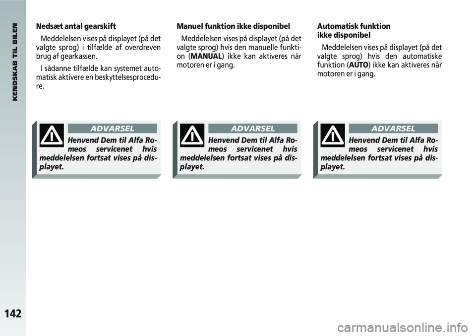 Alfa Romeo 147 2006  Brugs- og vedligeholdelsesvejledning (in Danish) 142
Nedsæt antal gearskiftMeddelelsen vises på displayet (på det
valgte sprog) i tilfælde af overdreven
brug af gearkassen.
I sådanne tilfælde kan systemet auto-
matisk aktivere en beskyttelsesp