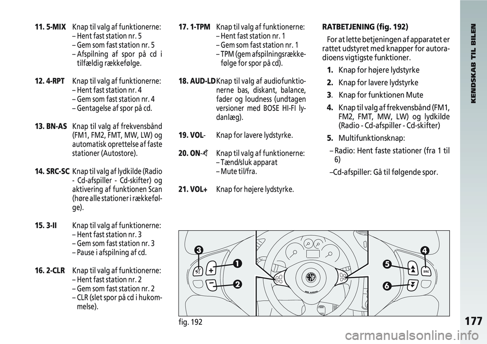 Alfa Romeo 147 2006  Brugs- og vedligeholdelsesvejledning (in Danish) 177fig. 192
11. 5-MIXKnap til valg af funktionerne:
– Hent fast station nr. 5
– Gem som fast station nr. 5
– Afspilning af spor på cd i
tilfældig rækkefølge.
12. 4-RPT Knap til valg af funkt