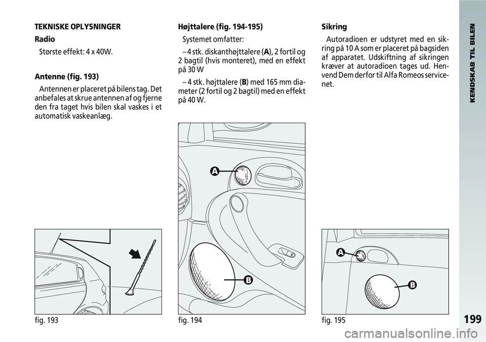 Alfa Romeo 147 2004  Brugs- og vedligeholdelsesvejledning (in Danish) 199fig. 193fig. 194fig. 195
TEKNISKE OPLYSNINGER
RadioStørste effekt: 4 x 40W.
Antenne (fig. 193) Antennen er placeret på bilens tag. Det
anbefales at skrue antennen af og fjerne
den fra taget hvis 
