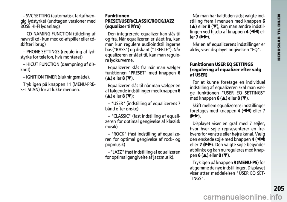 Alfa Romeo 147 2006  Brugs- og vedligeholdelsesvejledning (in Danish) 205
– SVC SETTING (automatisk fartafhæn-
gig lydstyrke) (undtagen versioner med
BOSE HI-FI lydanlæg)
– CD NAMING FUNCTION (tildeling af
navn til cd - kun med cd-afspiller eller cd-
skifter i bru