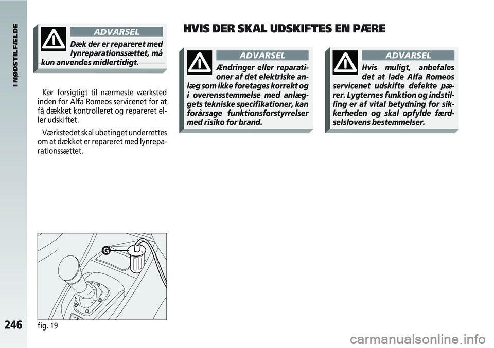 Alfa Romeo 147 2004  Brugs- og vedligeholdelsesvejledning (in Danish) 246fig. 19
I NØDSTILFÆLDE
ADVARSEL
Ændringer eller reparati-
oner af det elektriske an-
læg som ikke foretages korrekt og
i overensstemmelse med anlæg-
gets tekniske specifikationer, kan
forårsa