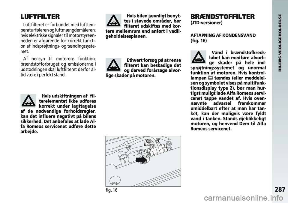 Alfa Romeo 147 2004  Brugs- og vedligeholdelsesvejledning (in Danish) 287fig. 16
LUFTFILTER
Luftfilteret er forbundet med lufttem-
peraturføleren og luftmængdemåleren,
hvis elektriske signaler til motorstyreen-
heden er afgørende for korrekt funkti-
on af indsprøjt
