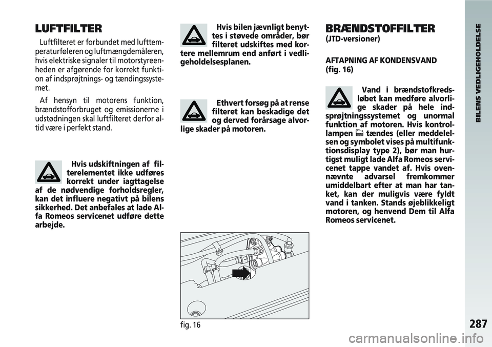 Alfa Romeo 147 2008  Brugs- og vedligeholdelsesvejledning (in Danish) 287fig. 16
LUFTFILTER
Luftfilteret er forbundet med lufttem-
peraturføleren og luftmængdemåleren,
hvis elektriske signaler til motorstyreen-
heden er afgørende for korrekt funkti-
on af indsprøjt