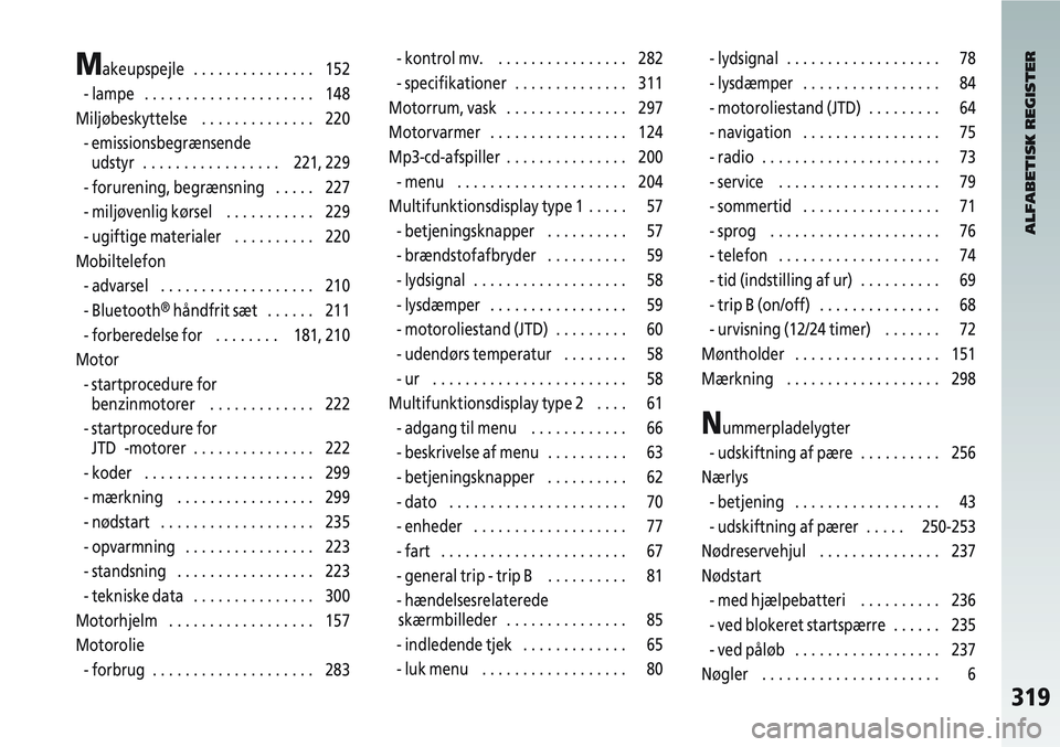 Alfa Romeo 147 2010  Brugs- og vedligeholdelsesvejledning (in Danish) 319
Makeupspejle   . . . . . . . . . . . . . . . 152
- lampe   . . . . . . . . . . . . . . . . . . . . . 148
Miljøbeskyttelse   . . . . . . . . . . . . . . 220 - emissionsbegrænsende udstyr  . . . .