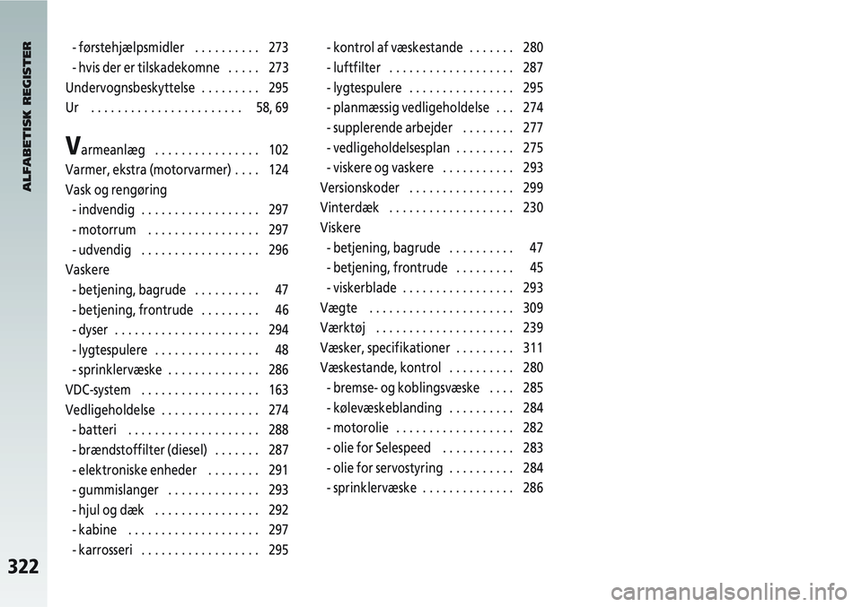Alfa Romeo 147 2005  Brugs- og vedligeholdelsesvejledning (in Danish) 322
- førstehjælpsmidler   . . . . . . . . . . 273
- hvis der er tilskadekomne   . . . . . 273
Undervognsbeskyttelse  . . . . . . . . . 295
Ur   . . . . . . . . . . . . . . . . . . . . . . . 58, 69
