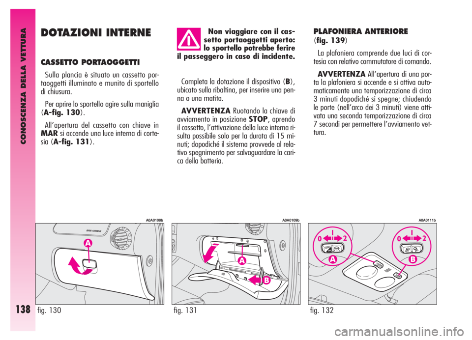 Alfa Romeo GT 2005  Libretto Uso Manutenzione (in Italian) CONOSCENZA DELLA VETTURA
138
DOTAZIONI INTERNE
CASSETTO PORTAOGGETTI 
Sulla plancia è situato un cassetto por-
taoggetti illuminato e munito di sportello
di chiusura. 
Per aprire lo sportello agire s