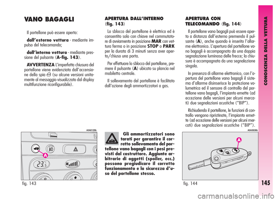 Alfa Romeo GT 2005 Libretto Uso Manutenzione (in Italian) CONOSCENZA DELLA VETTURA
145
APERTURA DALL’INTERNO
(fig. 143)
Lo sblocco del portellone è elettrico ed è
consentito solo con chiave nel commutato-
re di avviamento in posizione MARcon vet-
tura f Alfa Romeo GT 2005 Libretto Uso Manutenzione (in Italian) CONOSCENZA DELLA VETTURA
145
APERTURA DALL’INTERNO
(fig. 143)
Lo sblocco del portellone è elettrico ed è
consentito solo con chiave nel commutato-
re di avviamento in posizione MARcon vet-
tura f