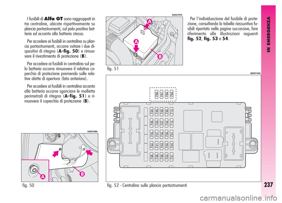 Alfa Romeo GT 2005 Libretto Uso Manutenzione (in Italian) IN EMERGENZA
237
Per l’individuazione del fusibile di prote-
zione, consultando la tabella riassuntiva fu-
sibili riportata nelle pagine successive, fare
riferimento alle illustrazioni seguenti
fig. Alfa Romeo GT 2005 Libretto Uso Manutenzione (in Italian) IN EMERGENZA
237
Per l’individuazione del fusibile di prote-
zione, consultando la tabella riassuntiva fu-
sibili riportata nelle pagine successive, fare
riferimento alle illustrazioni seguenti
fig.