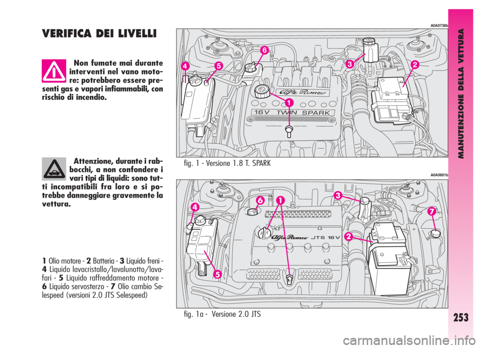 Alfa Romeo GT 2006 Libretto Uso Manutenzione (in Italian) MANUTENZIONE DELLA VETTURA
253
fig. 1 - Versione 1.8 T. SPARK
A0A0736b
A0A0681b
VERIFICA DEI LIVELLI
Non fumate mai durante
interventi nel vano moto-
re: potrebbero essere pre-
senti gas e vapori infi Alfa Romeo GT 2006 Libretto Uso Manutenzione (in Italian) MANUTENZIONE DELLA VETTURA
253
fig. 1 - Versione 1.8 T. SPARK
A0A0736b
A0A0681b
VERIFICA DEI LIVELLI
Non fumate mai durante
interventi nel vano moto-
re: potrebbero essere pre-
senti gas e vapori infi