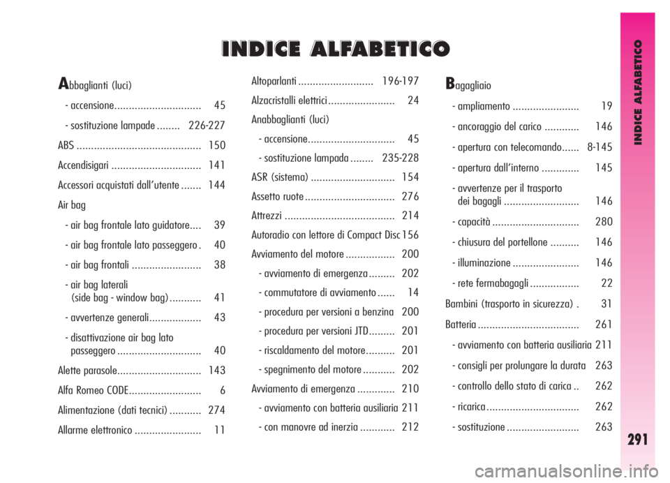 Alfa Romeo GT 2005  Libretto Uso Manutenzione (in Italian) INDICE ALFABETICO
291
I I
N N
D D
I I
C C
E E
A A
L L
F F
A A
B B
E E
T T
I I
C C
O O
Abbaglianti (luci)
- accensione.............................. 45
- sostituzione lampade ........ 226-227
ABS .....