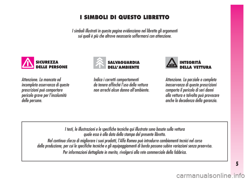 Alfa Romeo GT 2005 Libretto Uso Manutenzione (in Italian) 5
I SIMBOLI DI QUESTO LIBRETTO
I simboli illustrati in questa pagina evidenziano nel libretto gli argomenti
sui quali è più che altrove necessario soffermarsi con attenzione.
Indica i corretti comp Alfa Romeo GT 2005 Libretto Uso Manutenzione (in Italian) 5
I SIMBOLI DI QUESTO LIBRETTO
I simboli illustrati in questa pagina evidenziano nel libretto gli argomenti
sui quali è più che altrove necessario soffermarsi con attenzione.
Indica i corretti comp