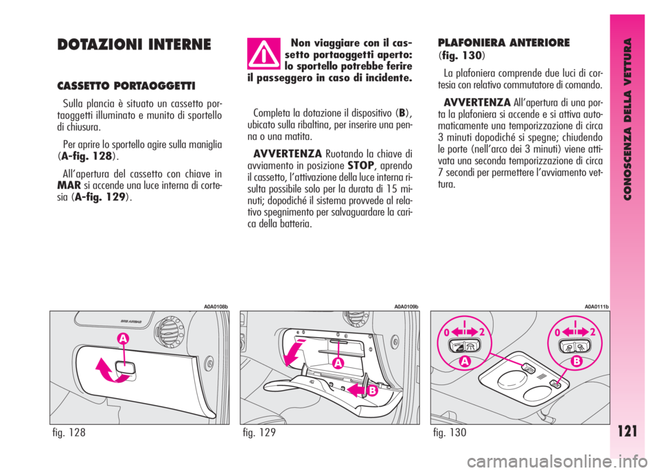 Alfa Romeo GT 2007 Libretto Uso Manutenzione (in Italian) CONOSCENZA DELLA VETTURA
121
DOTAZIONI INTERNE
CASSETTO PORTAOGGETTI
Sulla plancia è situato un cassetto por-
taoggetti illuminato e munito di sportello
di chiusura.
Per aprire lo sportello agire s Alfa Romeo GT 2007 Libretto Uso Manutenzione (in Italian) CONOSCENZA DELLA VETTURA
121
DOTAZIONI INTERNE
CASSETTO PORTAOGGETTI
Sulla plancia è situato un cassetto por-
taoggetti illuminato e munito di sportello
di chiusura.
Per aprire lo sportello agire s