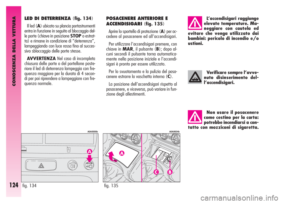Alfa Romeo GT 2007 Libretto Uso Manutenzione (in Italian) CONOSCENZA DELLA VETTURA
124
Non usare il posacenere
come cestino per la carta:
potrebbe incendiarsi a con-
tatto con mozziconi di sigaretta.
Verificare sempre l’avve-
nuto disinserimento del-
l’a Alfa Romeo GT 2007 Libretto Uso Manutenzione (in Italian) CONOSCENZA DELLA VETTURA
124
Non usare il posacenere
come cestino per la carta:
potrebbe incendiarsi a con-
tatto con mozziconi di sigaretta.
Verificare sempre l’avve-
nuto disinserimento del-
l’a