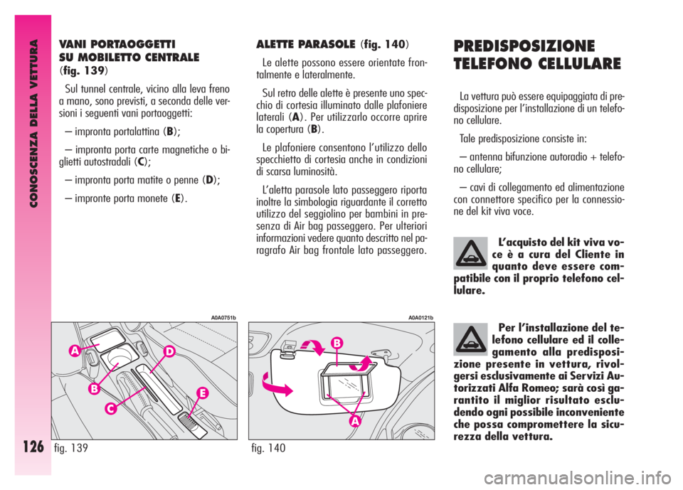 Alfa Romeo GT 2007  Libretto Uso Manutenzione (in Italian) CONOSCENZA DELLA VETTURA
126
PREDISPOSIZIONE
TELEFONO CELLULARE
La vettura può essere equipaggiata di pre-
disposizione per l’installazione di un telefo-
no cellulare.
Tale predisposizione consiste