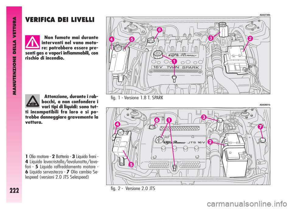 Alfa Romeo GT 2008  Libretto Uso Manutenzione (in Italian) MANUTENZIONE DELLA VETTURA
222
fig. 1 - Versione 1.8 T. SPARK
A0A0736b
A0A0681b
VERIFICA DEI LIVELLI
Non fumate mai durante
interventi nel vano moto-
re: potrebbero essere pre-
senti gas e vapori infi