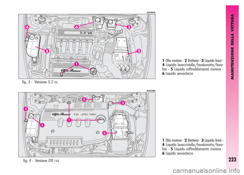 Alfa Romeo GT 2008  Libretto Uso Manutenzione (in Italian) MANUTENZIONE DELLA VETTURA
223
A0A0396b
fig. 4 -  Versione JTD 16V
1Olio motore - 2Batteria - 3Liquido freni -
4Liquido lavacristallo/lavalunotto/lava-
fari - 5Liquido raffreddamento motore - 
6Liquid