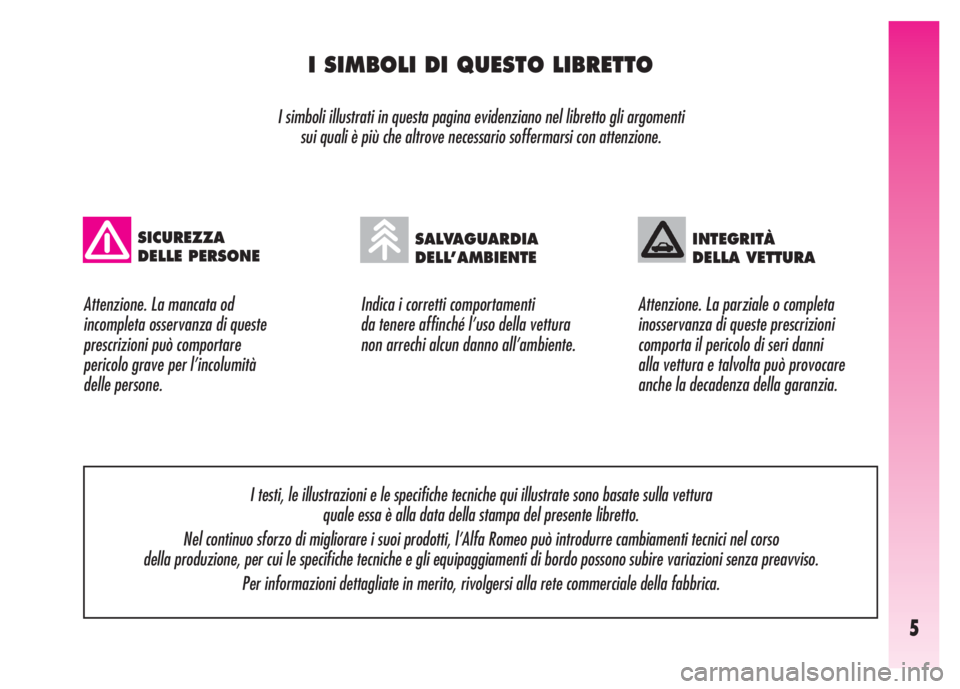 Alfa Romeo GT 2007  Libretto Uso Manutenzione (in Italian) 5
I SIMBOLI DI QUESTO LIBRETTO
I simboli illustrati in questa pagina evidenziano nel libretto gli argomenti 
sui quali è più che altrove necessario soffermarsi con attenzione.
Indica i corretti comp