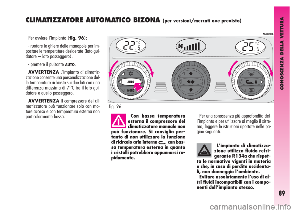 Alfa Romeo GT 2008  Libretto Uso Manutenzione (in Italian) CONOSCENZA DELLA VETTURA
89
CLIMATIZZATORE AUTOMATICO BIZONA (per versioni/mercati ove previsto)
Per avviare l’impianto (fig. 96):
- ruotare le ghiere delle manopole per im-
postare le temperature d