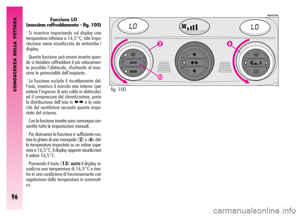 Alfa Romeo GT 2007  Libretto Uso Manutenzione (in Italian) CONOSCENZA DELLA VETTURA
96
Funzione LO
(massimo raffreddamento - fig. 100)
Si inserisce impostando sul display una
temperatura inferiore a 16,5°C; tale impo-
stazione viene visualizzata da entrambe 
