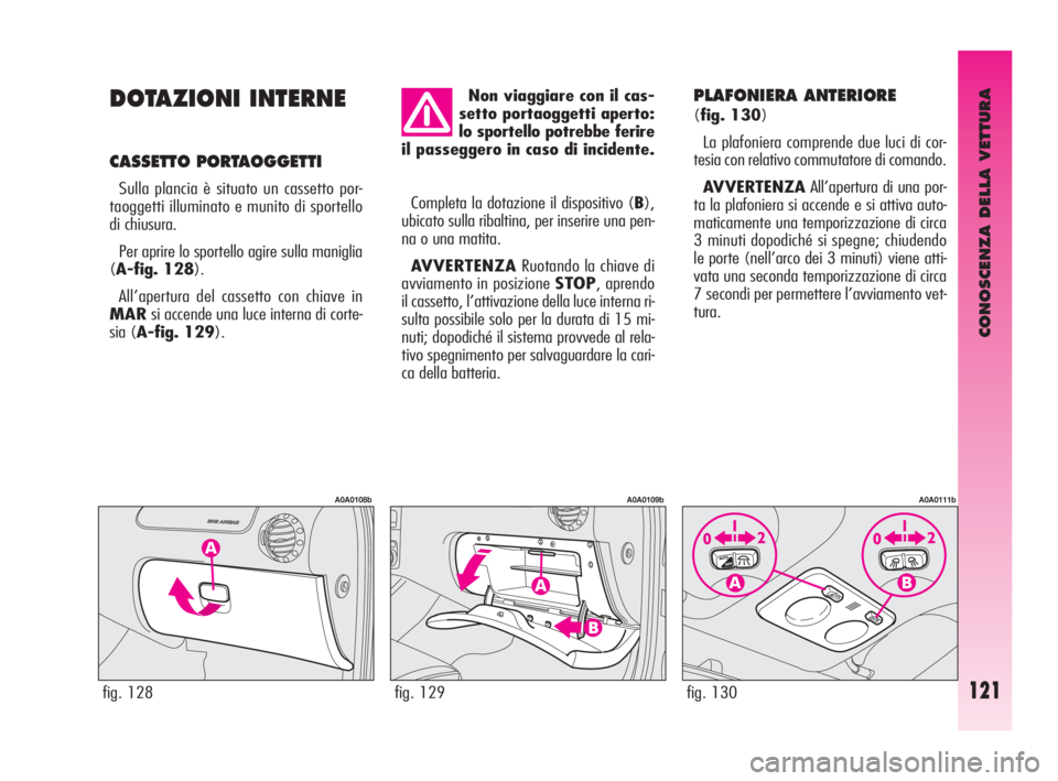Alfa Romeo GT 2009  Libretto Uso Manutenzione (in Italian) CONOSCENZA DELLA VETTURA
121
DOTAZIONI INTERNE
CASSETTO PORTAOGGETTI 
Sulla plancia è situato un cassetto por-
taoggetti illuminato e munito di sportello
di chiusura. 
Per aprire lo sportello agire s