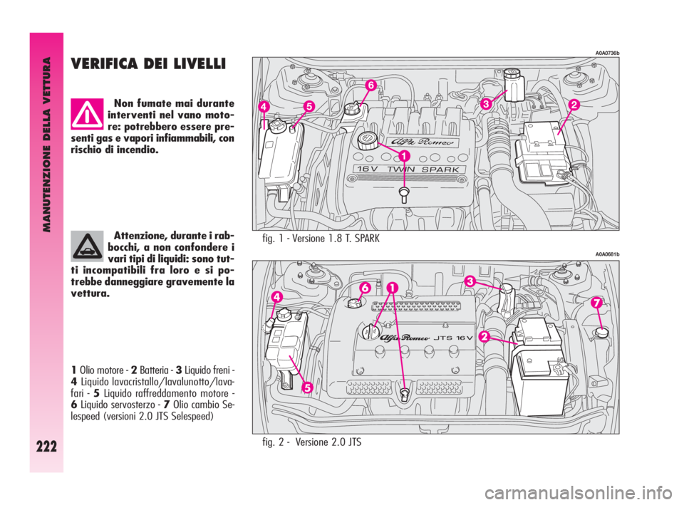 Alfa Romeo GT 2009 Libretto Uso Manutenzione (in Italian) MANUTENZIONE DELLA VETTURA
222
fig. 1 - Versione 1.8 T. SPARK
A0A0736b
A0A0681b
VERIFICA DEI LIVELLI
Non fumate mai durante
interventi nel vano moto-
re: potrebbero essere pre-
senti gas e vapori infi Alfa Romeo GT 2009 Libretto Uso Manutenzione (in Italian) MANUTENZIONE DELLA VETTURA
222
fig. 1 - Versione 1.8 T. SPARK
A0A0736b
A0A0681b
VERIFICA DEI LIVELLI
Non fumate mai durante
interventi nel vano moto-
re: potrebbero essere pre-
senti gas e vapori infi