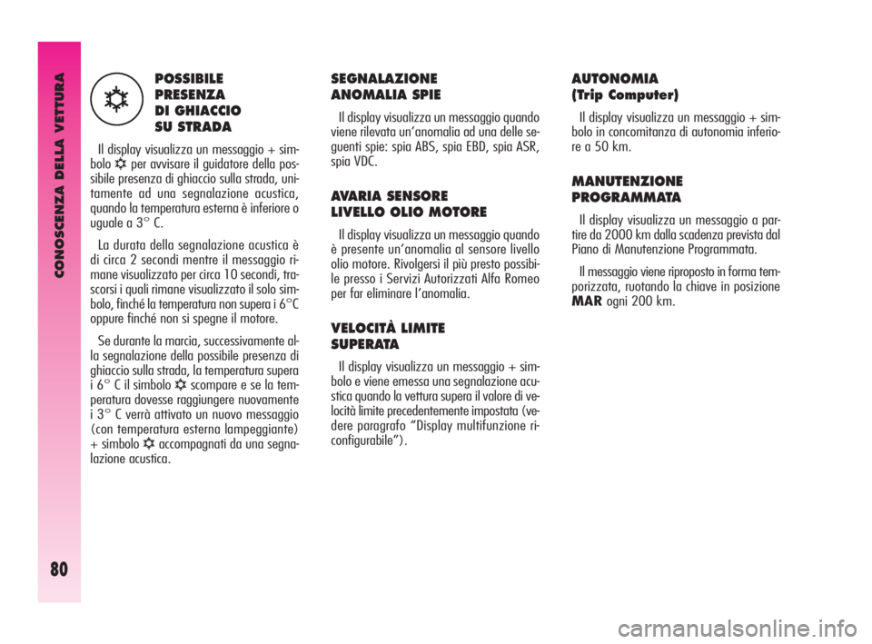 Alfa Romeo GT 2009  Libretto Uso Manutenzione (in Italian) CONOSCENZA DELLA VETTURA
80
SEGNALAZIONE
ANOMALIA SPIE 
Il display visualizza un messaggio quando
viene rilevata un’anomalia ad una delle se-
guenti spie: spia ABS, spia EBD, spia ASR,
spia VDC. 
AV