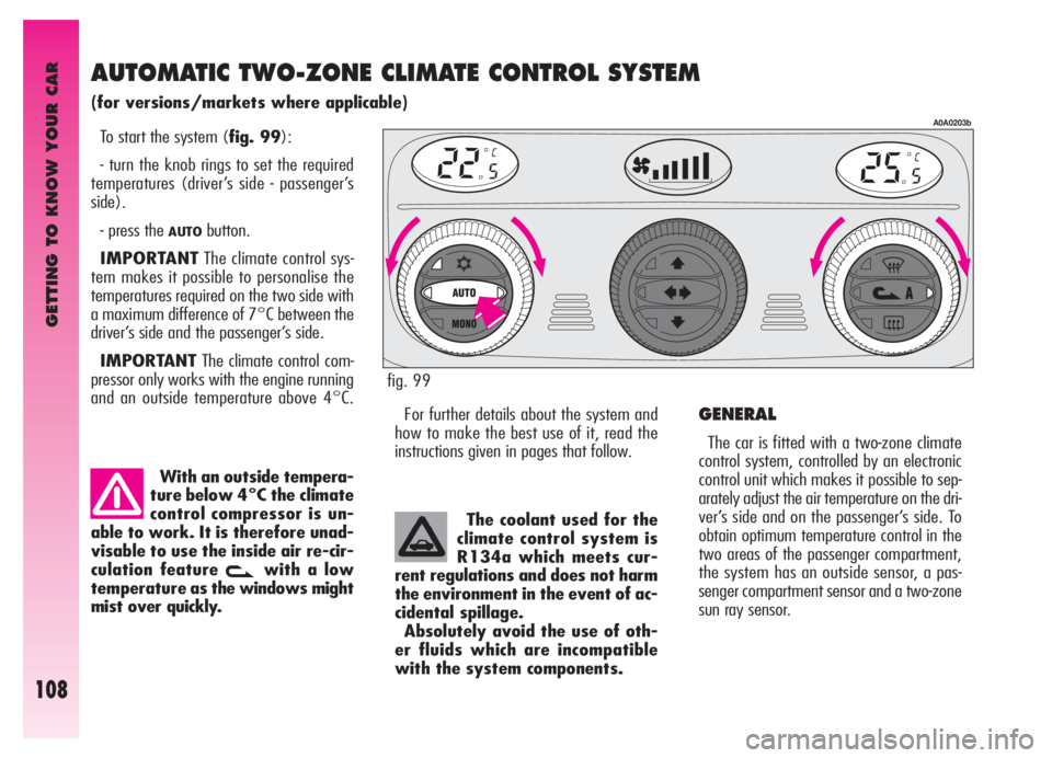 Alfa Romeo GT 2006  Owner handbook (in English) GETTING TO KNOW YOUR CAR
108
AUTOMATIC TWO-ZONE CLIMATE CONTROL SYSTEM 
(for versions/markets where applicable)
To start the system (fig. 99):
- turn the knob rings to set the required
temperatures (d