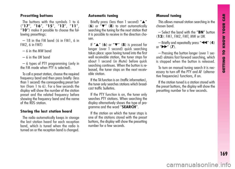 Alfa Romeo GT 2005  Owner handbook (in English) GETTING TO KNOW YOUR CAR
169
Presetting buttons
The buttons with the symbols 1 to 6
(“17”, “16”, “15”, “12”, “11”,
“10”) make it possible to choose the fol-
lowing presettings: