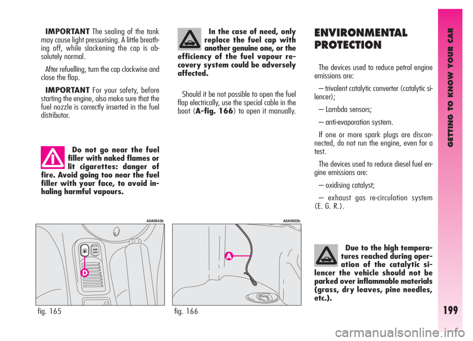 Alfa Romeo GT 2006  Owner handbook (in English) GETTING TO KNOW YOUR CAR
199
ENVIRONMENTAL
PROTECTION
The devices used to reduce petrol engine
emissions are:
– trivalent catalytic converter (catalytic si-
lencer);
– Lambda sensors;
– anti-eva