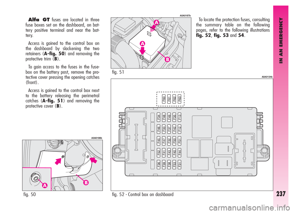 Alfa Romeo GT 2006  Owner handbook (in English) IN AN EMERGENCY
237
To locate the protection fuses, consulting
the summary table on the following
pages, refer to the following illustrations
fig. 52,fig. 53and54.Alfa GTfuses are located in three
fus