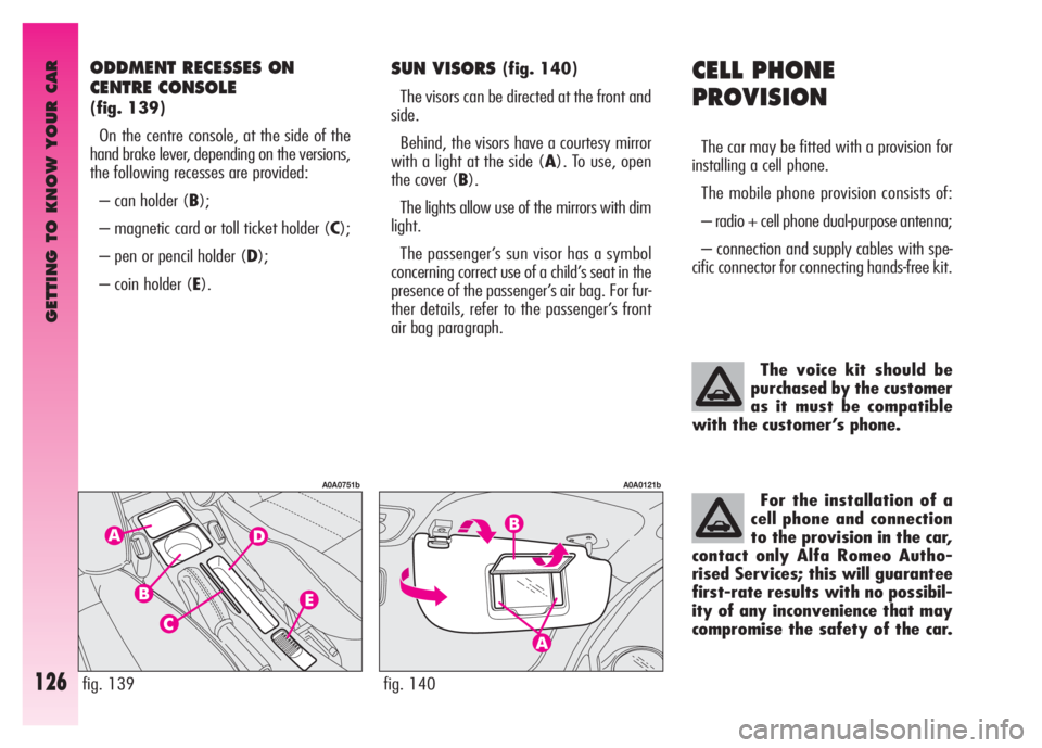 Alfa Romeo GT 2007  Owner handbook (in English) GETTING TO KNOW YOUR CAR
126
CELL PHONE 
PROVISION
The car may be fitted with a provision for
installing a cell phone. 
The mobile phone provision consists of: 
– radio + cell phone dual-purpose ant