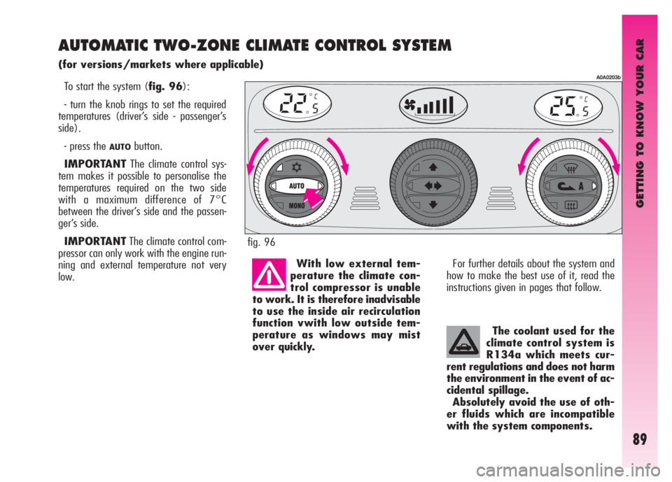 Alfa Romeo GT 2008  Owner handbook (in English) GETTING TO KNOW YOUR CAR
89
AUTOMATIC TWO-ZONE CLIMATE CONTROL SYSTEM 
(for versions/markets where applicable)
To start the system (fig. 96):
- turn the knob rings to set the required
temperatures (dr