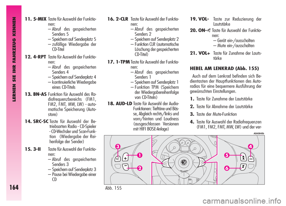 Alfa Romeo GT 2006  Betriebsanleitung (in German) LERNEN SIE IHR FAHRZEUG KENNEN
164
11. 5-MIXTaste für Auswahl der Funktio-
nen:
– Abruf des gespeicherten
Senders 5
– Speichern auf Senderplatz 5
– zufällige Wiedergabe der
CD-Titel
12. 4-RPTT