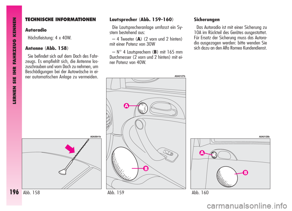 Alfa Romeo GT 2006  Betriebsanleitung (in German) LERNEN SIE IHR FAHRZEUG KENNEN
196
Sicherungen
Das Autoradio ist mit einer Sicherung zu
10A im Rückteil des Gerätes ausgestattet.
Für Ersatz der Sicherung muss das Autora-
dio ausgezogen werden: bi