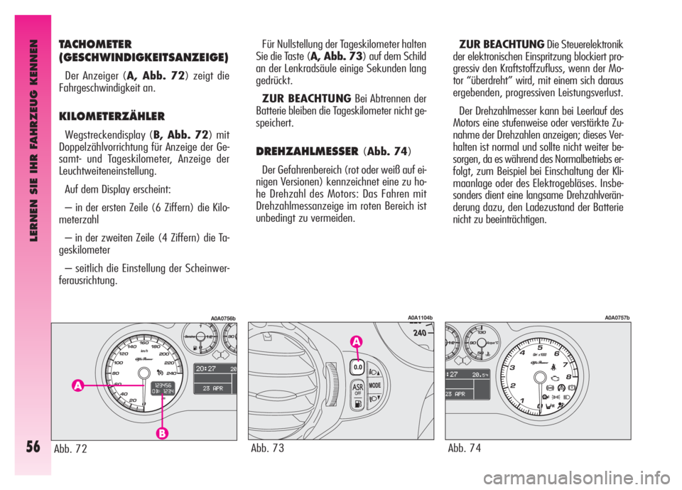 Alfa Romeo GT 2007  Betriebsanleitung (in German) LERNEN SIE IHR FAHRZEUG KENNEN
56
TACHOMETER
(GESCHWINDIGKEITSANZEIGE)
Der Anzeiger (A, Abb. 72) zeigt die
Fahrgeschwindigkeit an.
KILOMETERZÄHLER
Wegstreckendisplay (B, Abb. 72) mit
Doppelzählvorri