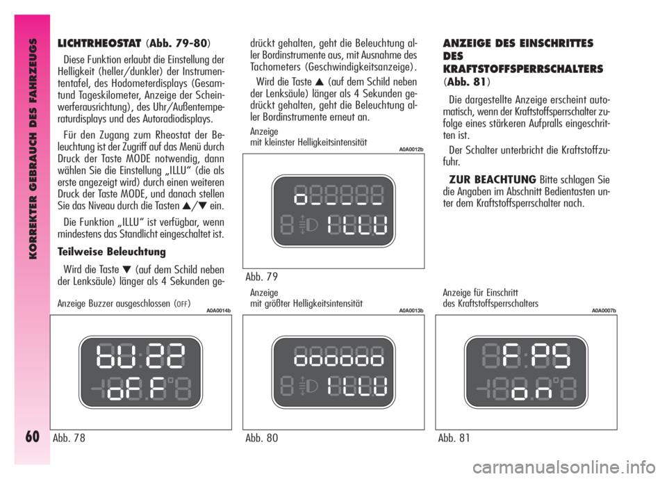 Alfa Romeo GT 2007  Betriebsanleitung (in German) KORREKTER GEBRAUCH DES FAHRZEUGS
60
Abb. 79
A0A0012b
Abb. 80
A0A0013b
Abb. 81
A0A0007b
drückt gehalten, geht die Beleuchtung al-
ler Bordinstrumente aus, mit Ausnahme des
Tachometers (Geschwindigkeit
