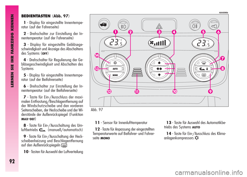 Alfa Romeo GT 2008  Betriebsanleitung (in German) LERNEN SIE IHR FAHRZEUG KENNEN
92
BEDIENTASTEN (Abb. 97)
1- Display für eingestellte Innentempe-
ratur (auf der Fahrerseite) 
2- Drehschalter zur Einstellung der In-
nentemperatur (auf der Fahrerseit