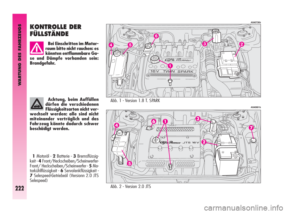 Alfa Romeo GT 2010  Betriebsanleitung (in German) WARTUNG DES FAHRZEUGS
222
Abb. 1 - Version 1.8 T. SPARK
A0A0736b
A0A0681b
KONTROLLE DER 
FÜLLSTÄNDE
Bei Einschritten im Motor-
raum bitte nicht rauchen: es
könnten entflammbare Ga-
se und Dämpfe v