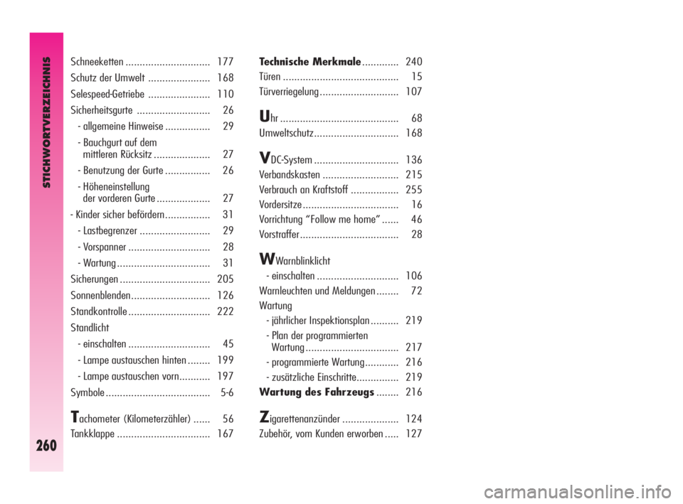 Alfa Romeo GT 2009  Betriebsanleitung (in German) STICHWORTVERZEICHNIS
260
Schneeketten .............................. 177 
Schutz der Umwelt ...................... 168 
Selespeed-Getriebe ...................... 110 
Sicherheitsgurte ................
