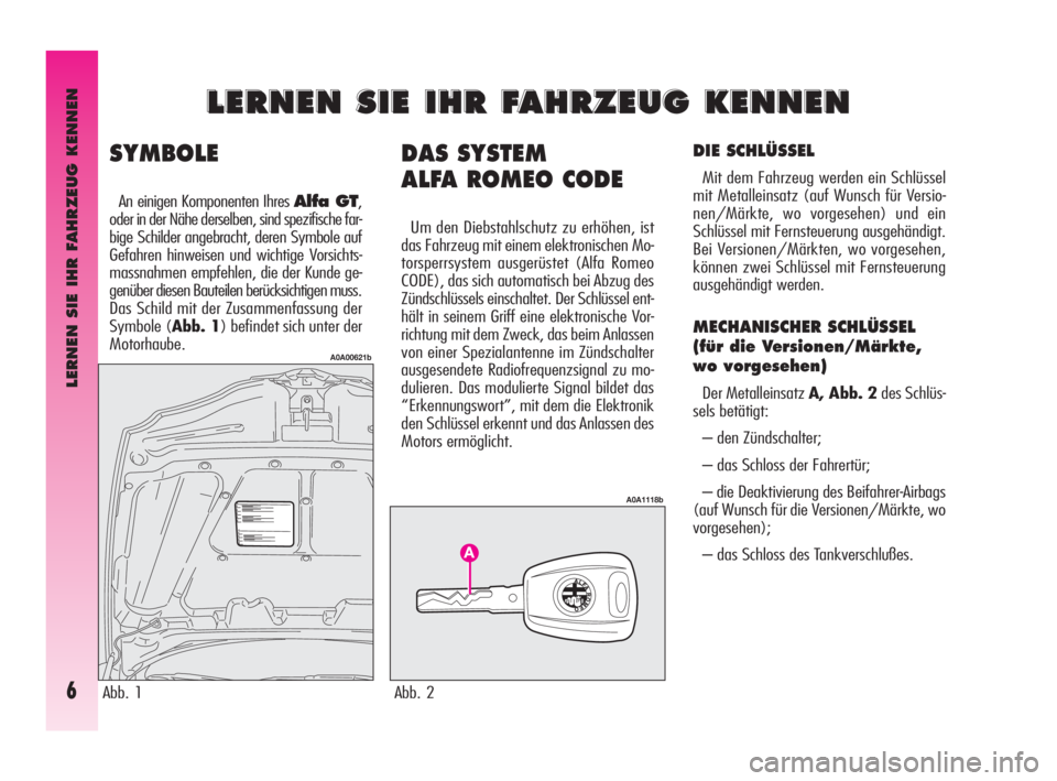 Alfa Romeo GT 2010 Betriebsanleitung (in German) LERNEN SIE IHR FAHRZEUG KENNEN
6
DAS SYSTEM
ALFA ROMEO CODE
Um den Diebstahlschutz zu erhöhen, ist
das Fahrzeug mit einem elektronischen Mo-
torsperrsystem ausgerüstet (Alfa Romeo
CODE), das sich Alfa Romeo GT 2010 Betriebsanleitung (in German) LERNEN SIE IHR FAHRZEUG KENNEN
6
DAS SYSTEM
ALFA ROMEO CODE
Um den Diebstahlschutz zu erhöhen, ist
das Fahrzeug mit einem elektronischen Mo-
torsperrsystem ausgerüstet (Alfa Romeo
CODE), das sich