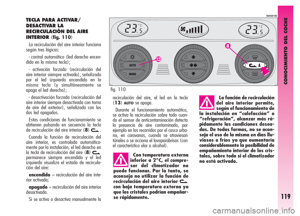 Alfa Romeo GT 2005  Manual de Empleo y Cuidado (in Spanish) CONOCIMIENTO DEL COCHE
119
TECLA PARA ACTIVAR/
DESACTIVAR LA
RECIRCULACIÓN DEL AIRE
INTERIOR
(fig. 110)
La recirculación del aire interior funciona
según tres lógicas:
- control automático (led d