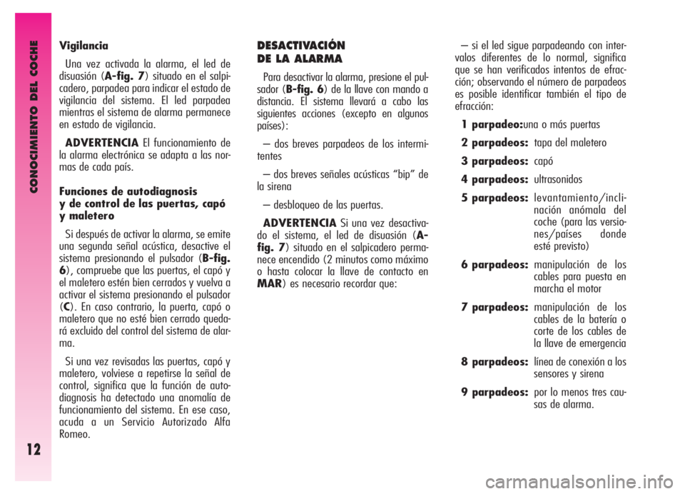 Alfa Romeo GT 2005  Manual de Empleo y Cuidado (in Spanish) CONOCIMIENTO DEL COCHE
12
Vigilancia
Una vez activada la alarma, el led de
disuasión (A-fig. 7) situado en el salpi-
cadero, parpadea para indicar el estado de
vigilancia del sistema. El led parpadea